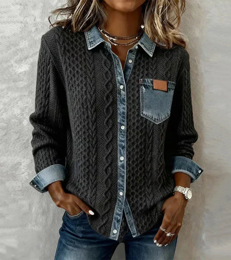 Women's cable knit top with denim collar, cuffs and chest pocket