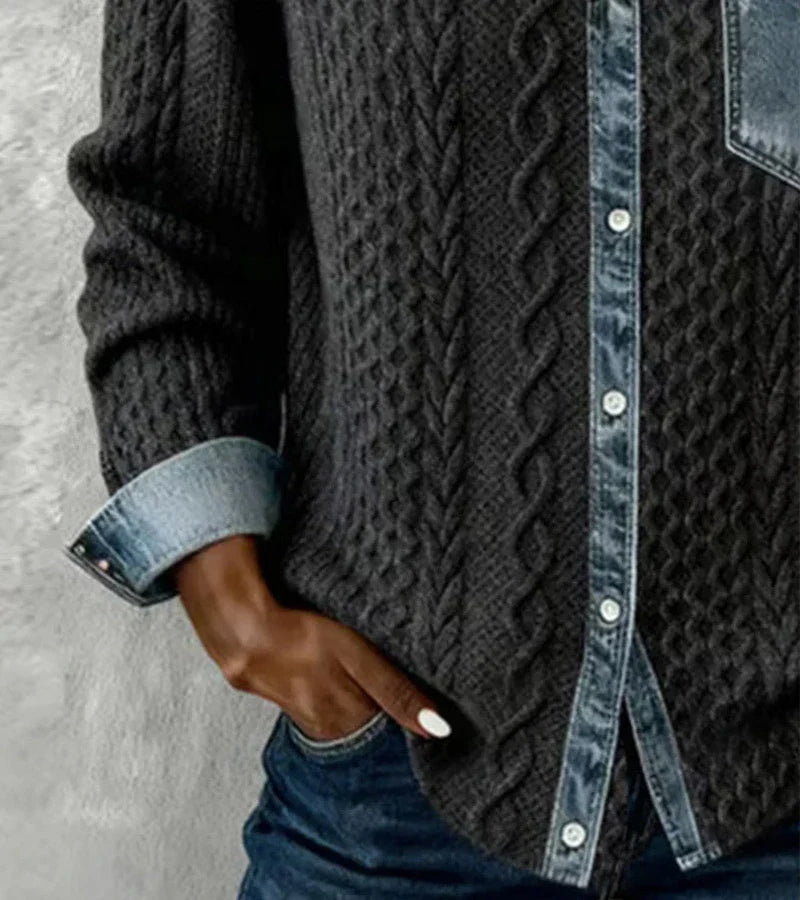Women's cable knit top with denim collar, cuffs and chest pocket