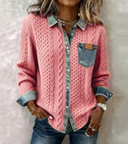 Women's cable knit top with denim collar, cuffs and chest pocket