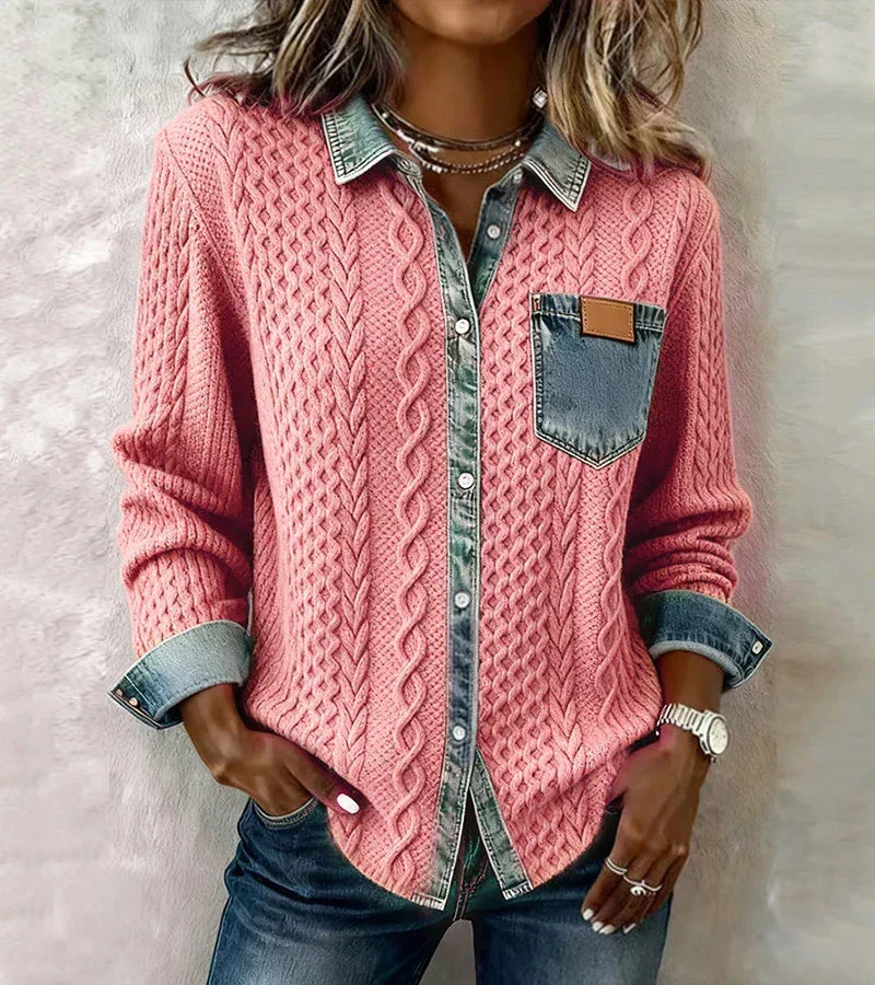 Women's cable knit top with denim collar, cuffs and chest pocket