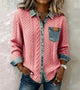Women's cable knit top with denim collar, cuffs and chest pocket