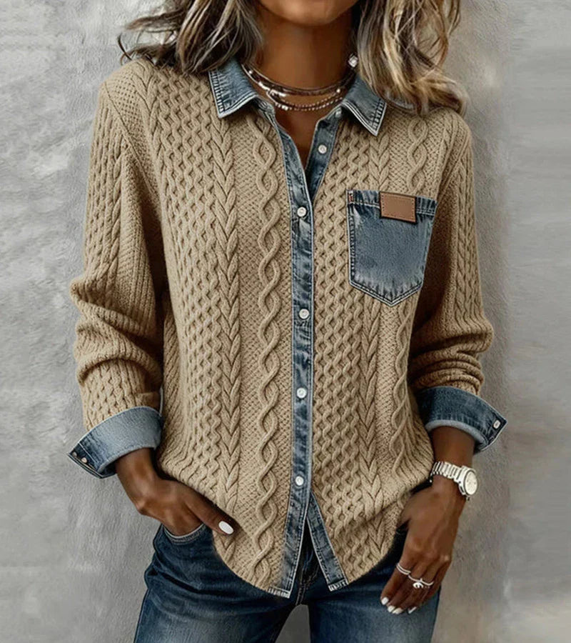 Women's cable knit top with denim collar, cuffs and chest pocket
