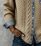 Women's cable knit top with denim collar, cuffs and chest pocket