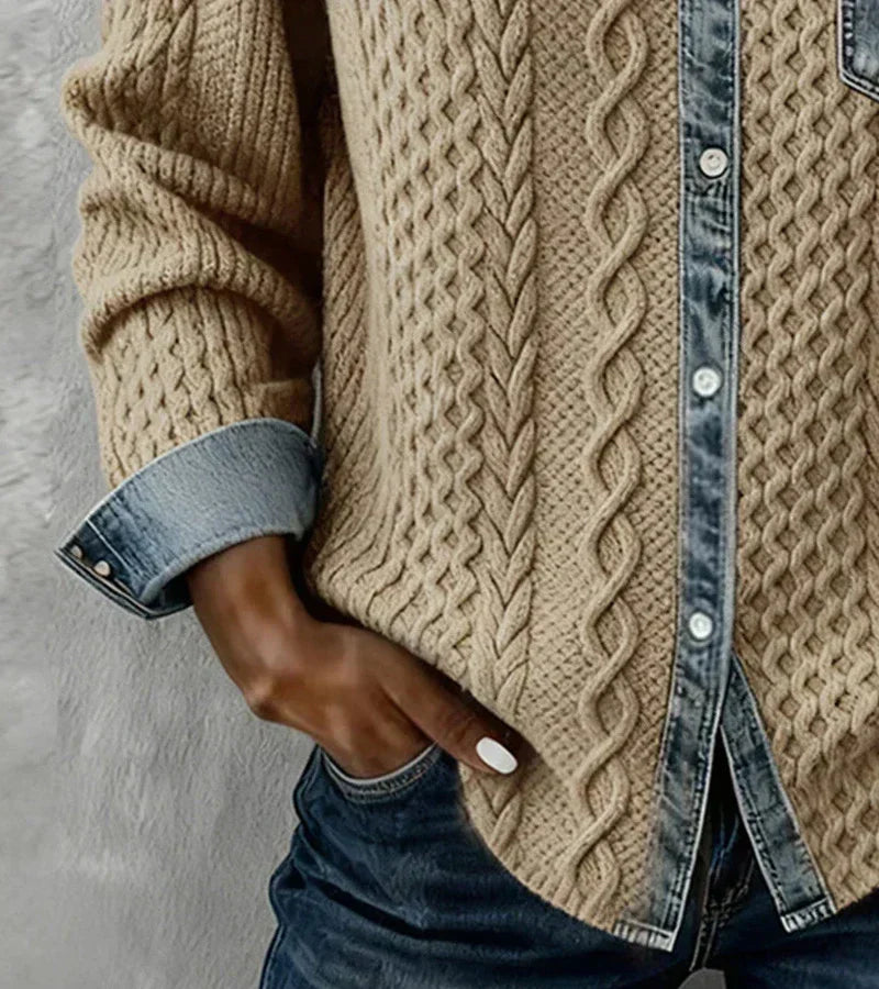 Women's cable knit top with denim collar, cuffs and chest pocket