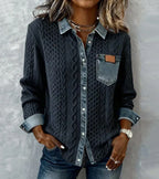 Women's cable knit top with denim collar, cuffs and chest pocket