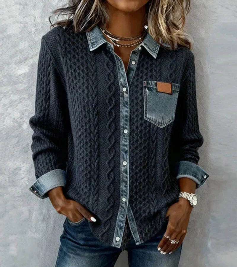 Women's cable knit top with denim collar, cuffs and chest pocket
