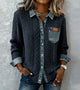 Women's cable knit top with denim collar, cuffs and chest pocket