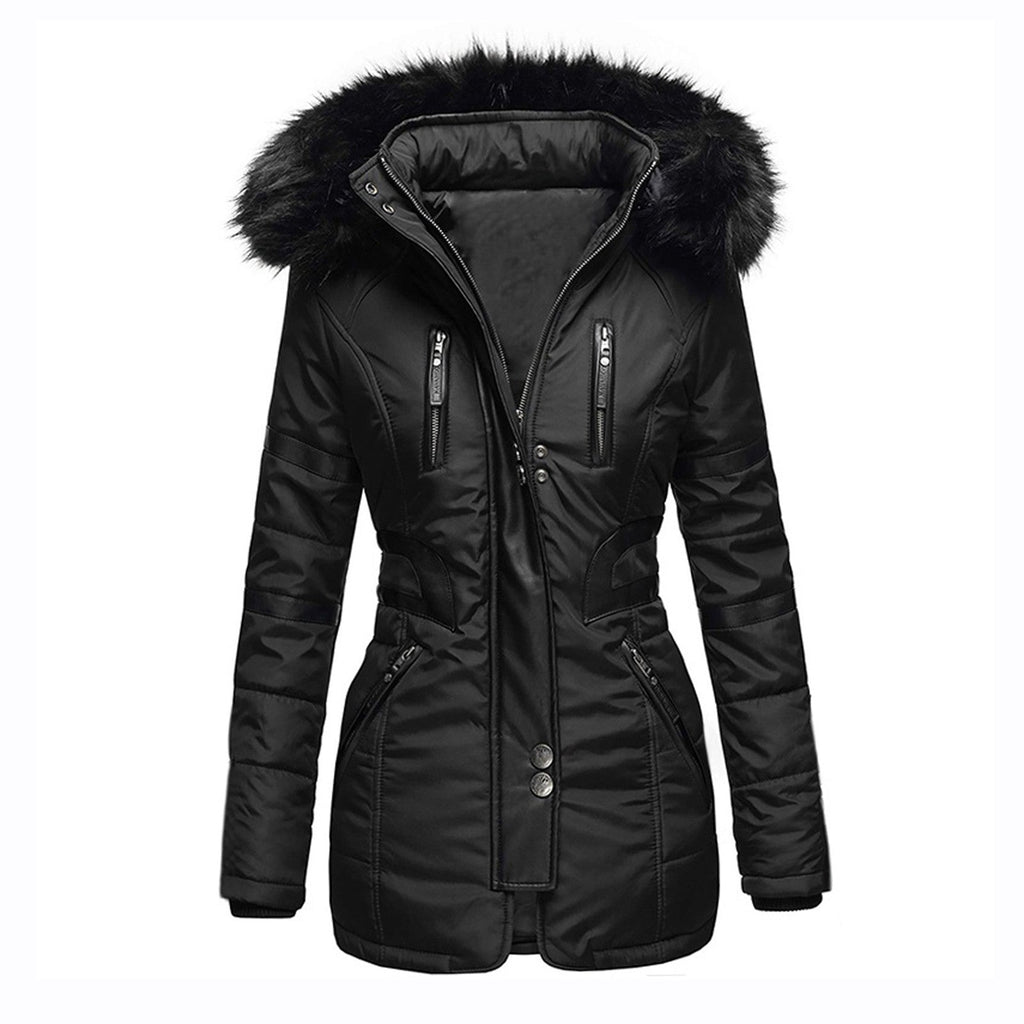 Women's hooded winter jacket with zip front and multiple pockets