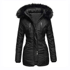 Women's hooded winter jacket with zip front and multiple pockets