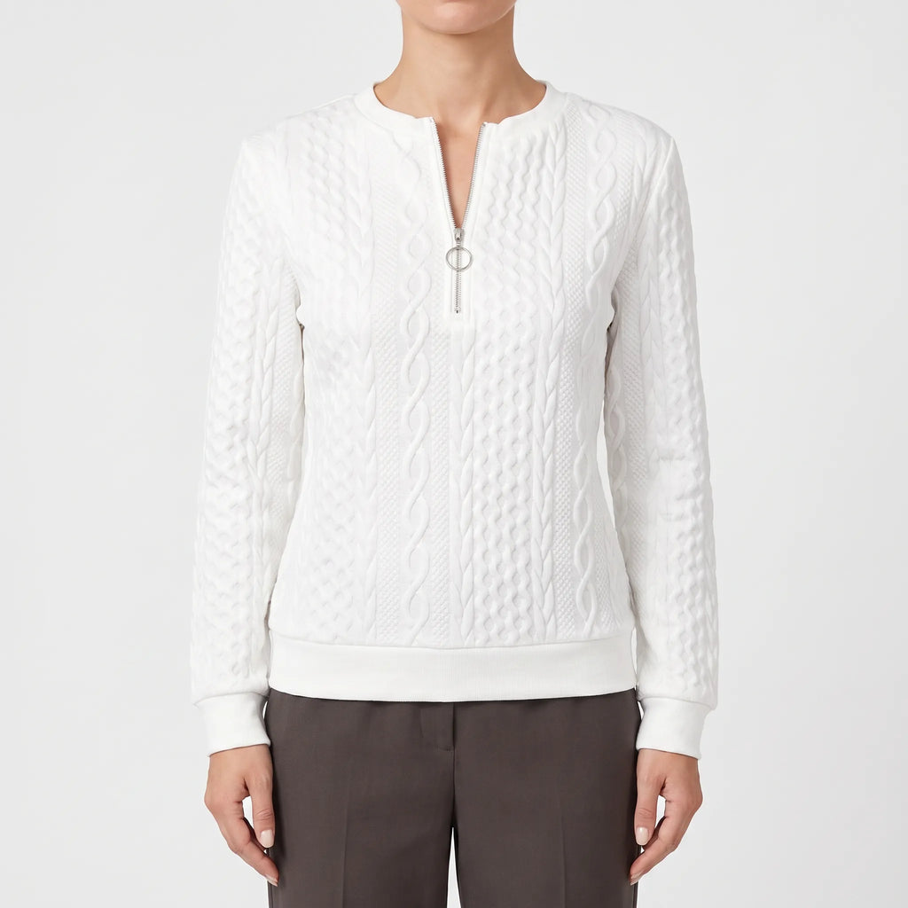 Zanthea  - Textured Cable-Pattern Zip Up Jumper Layering On Cooler Days