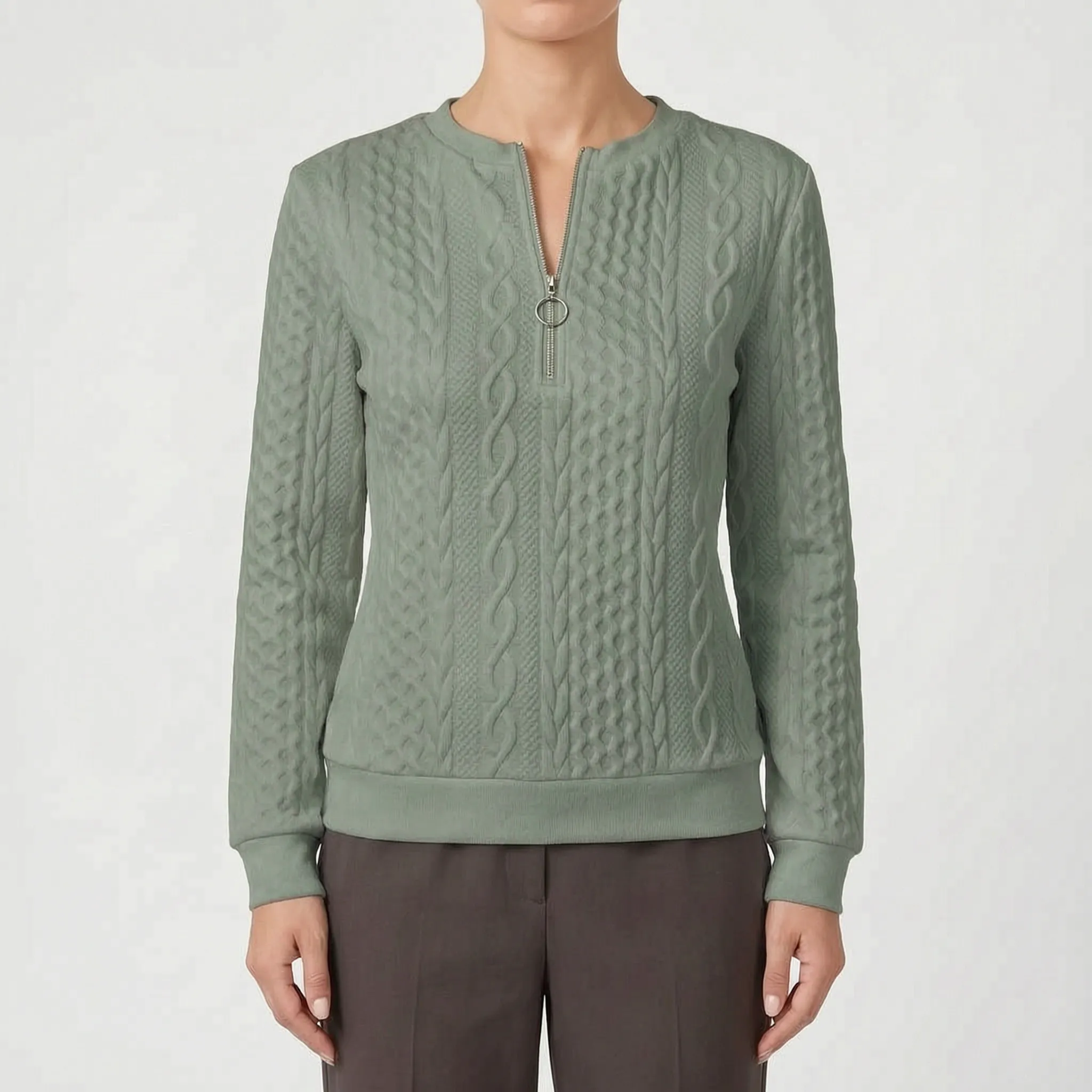 Zanthea  - Textured Cable-Pattern Zip Up Jumper Layering On Cooler Days