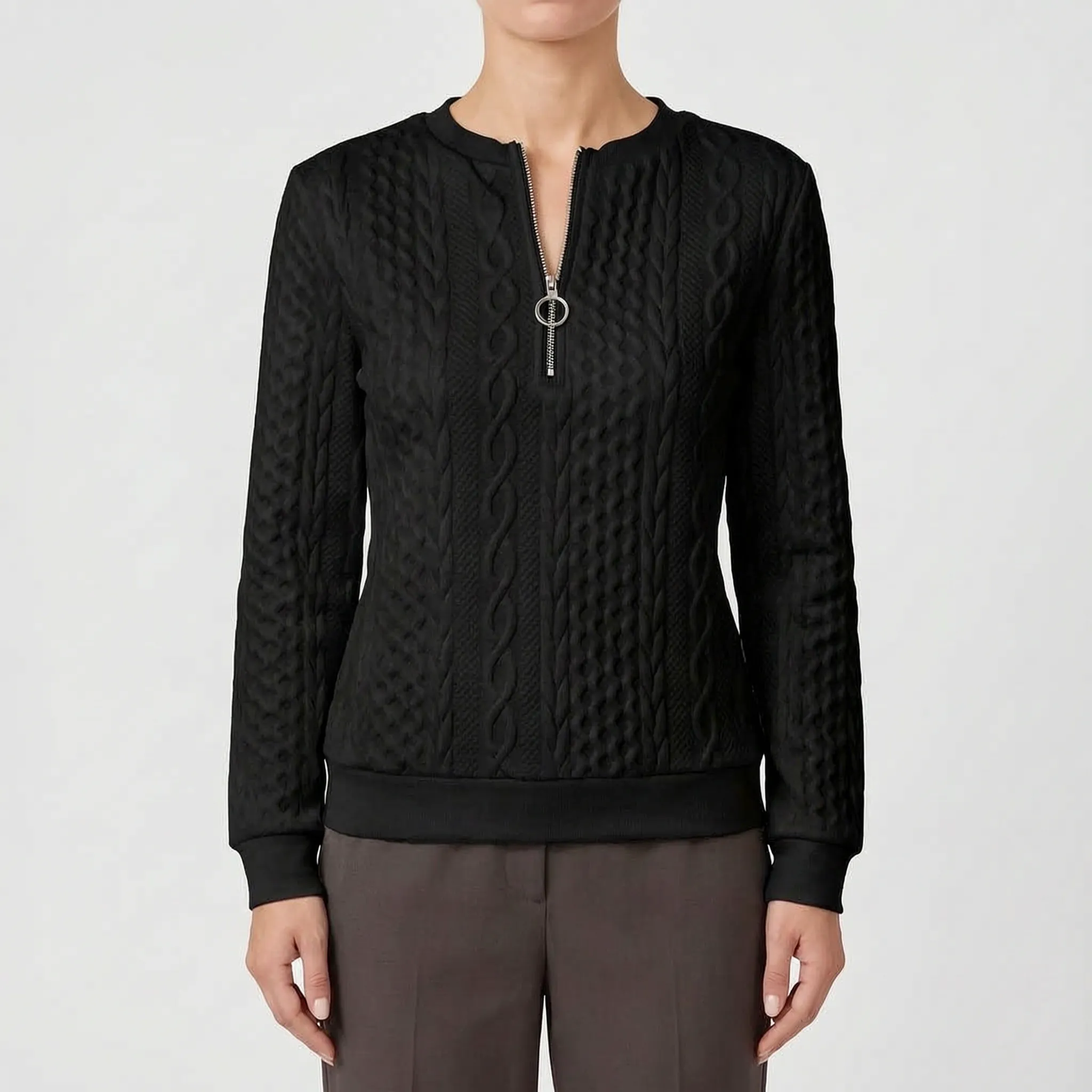 Zanthea  - Textured Cable-Pattern Zip Up Jumper Layering On Cooler Days