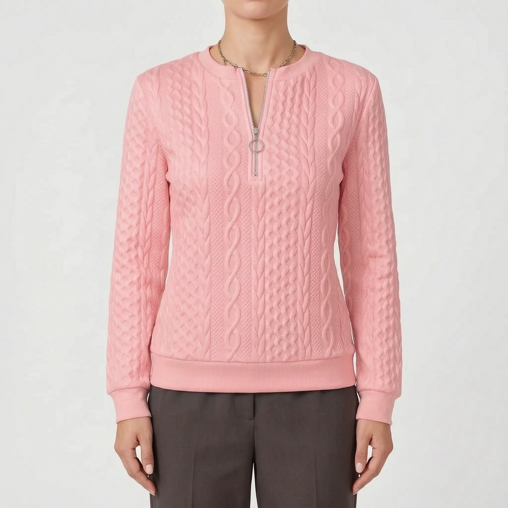Zanthea  - Textured Cable-Pattern Zip Up Jumper Layering On Cooler Days