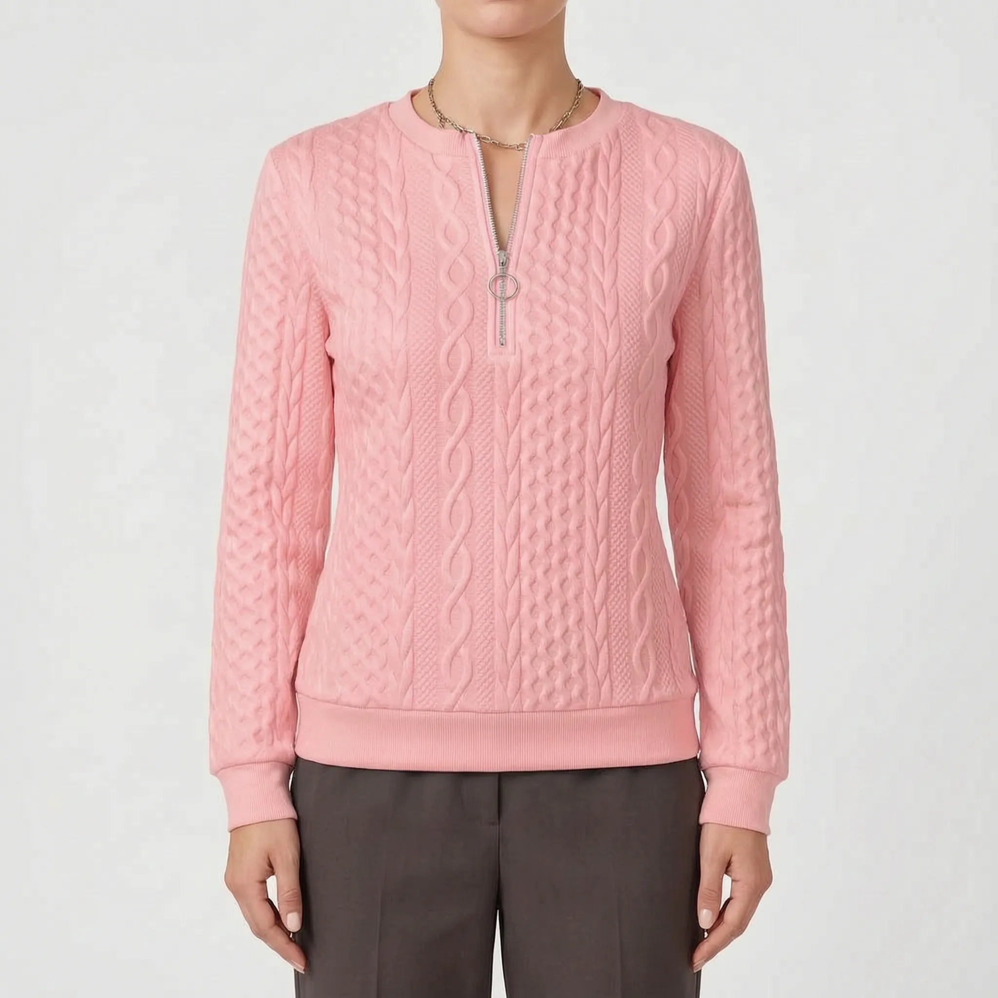 Zanthea  - Textured Cable-Pattern Zip Up Jumper Layering On Cooler Days