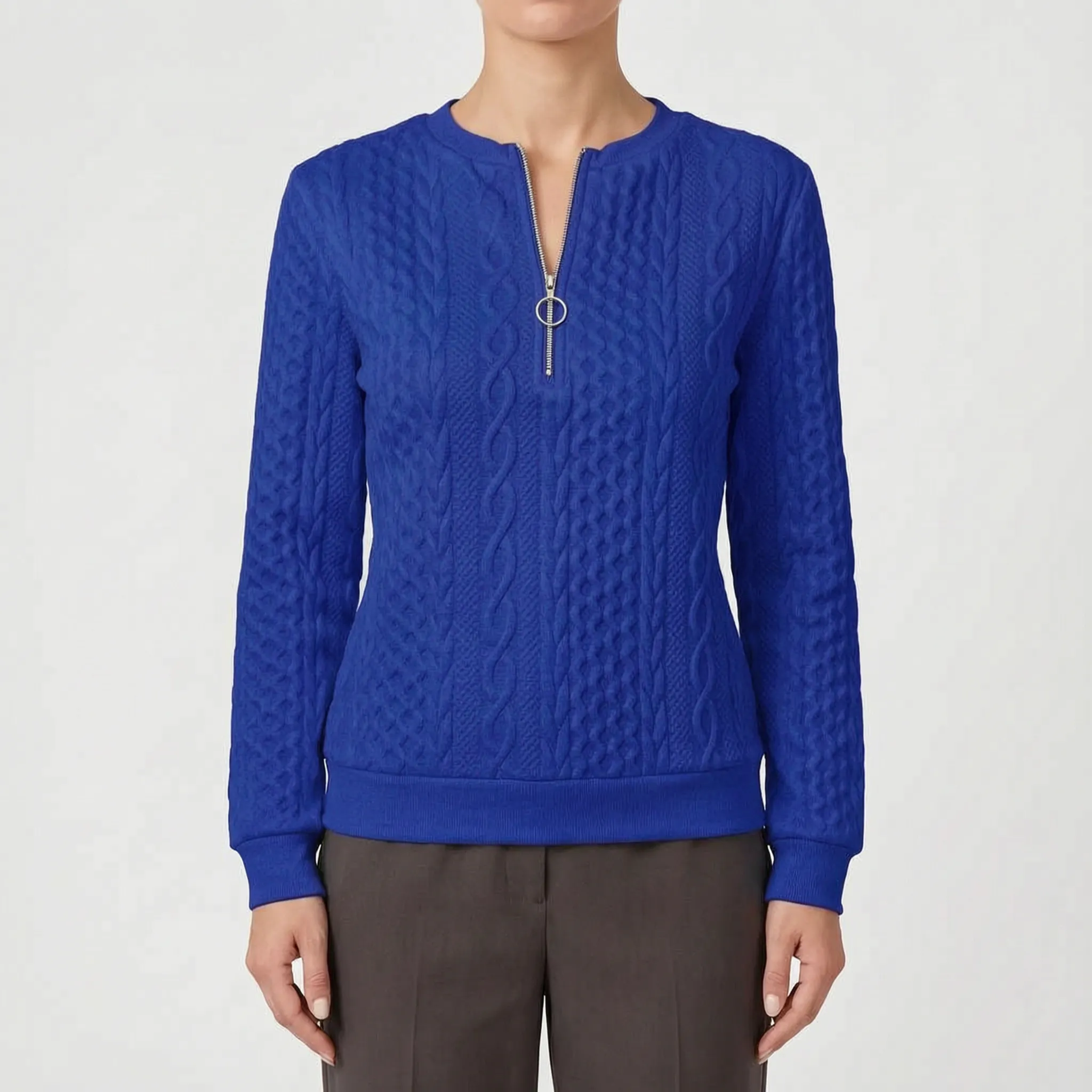 Zanthea  - Textured Cable-Pattern Zip Up Jumper Layering On Cooler Days