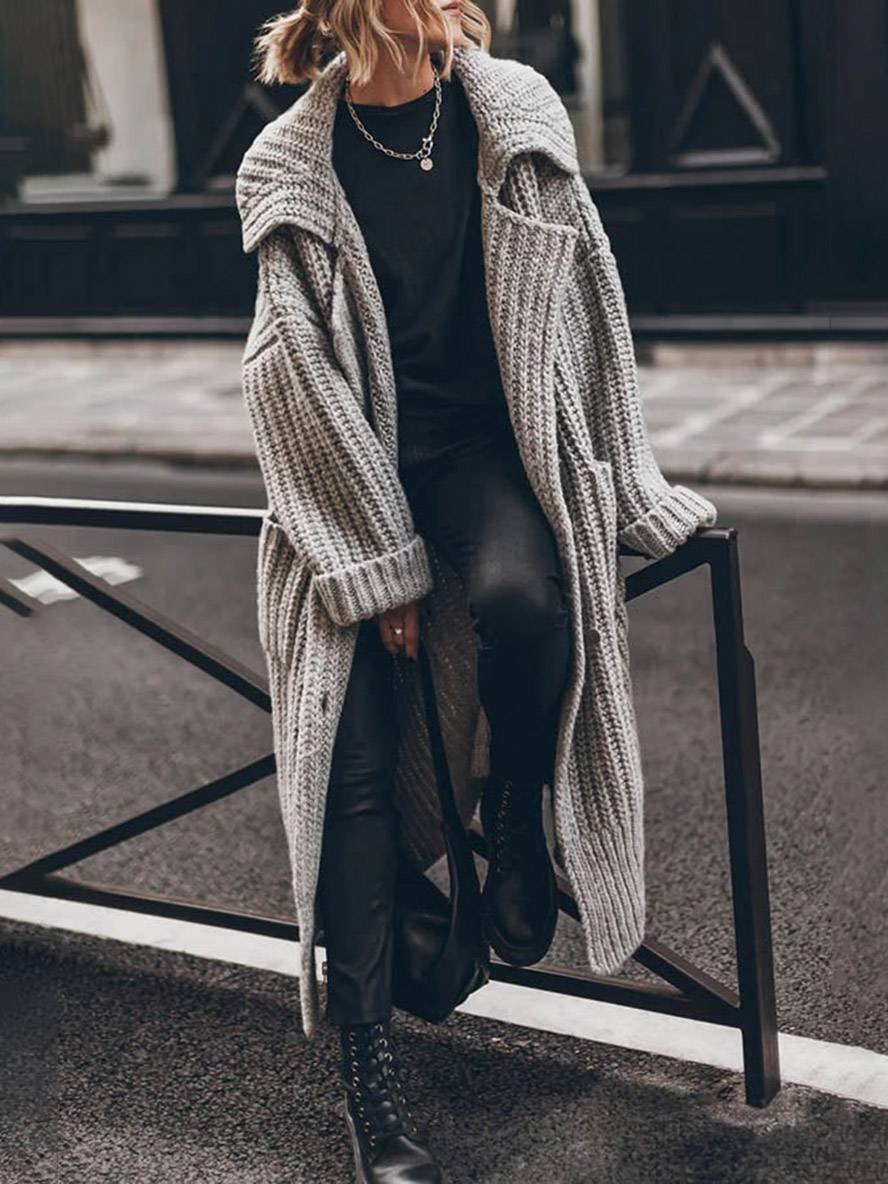 Women's chunky rib knit longline cardigan with wide collar
