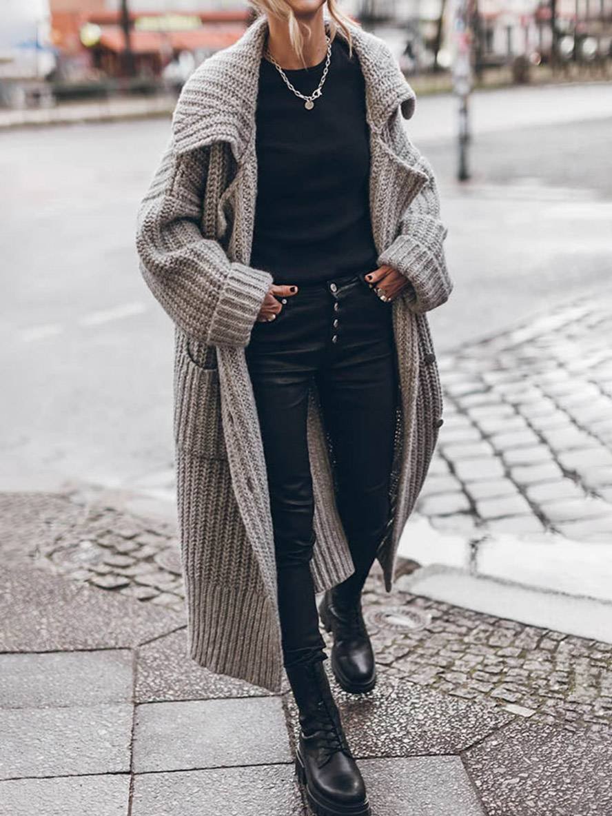 Women's chunky rib knit longline cardigan with wide collar