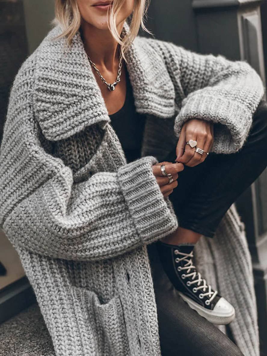 Women's chunky rib knit longline cardigan with wide collar