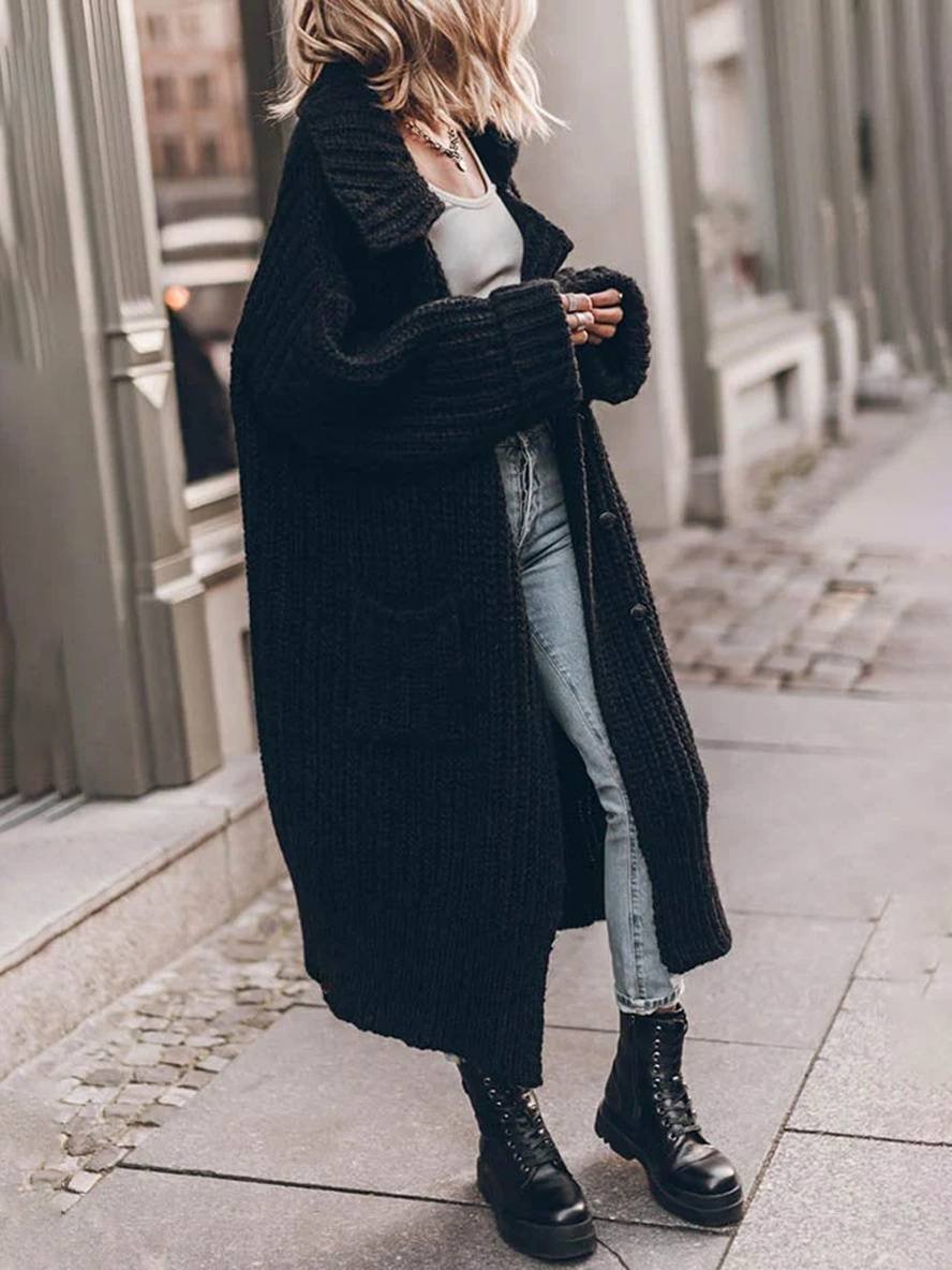 Women's chunky rib knit longline cardigan with wide collar