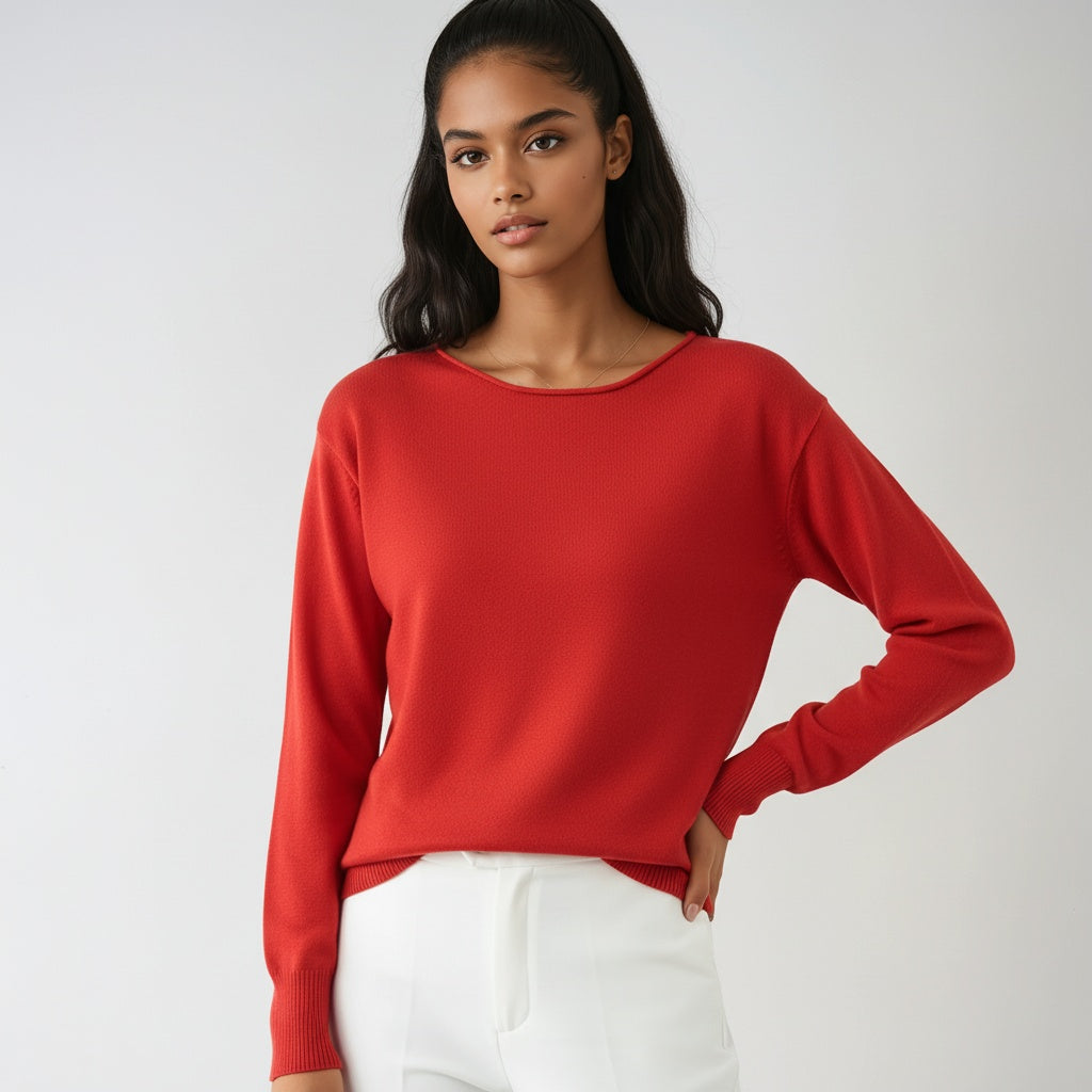 Women's fine knit sweater with round neck and long sleeves