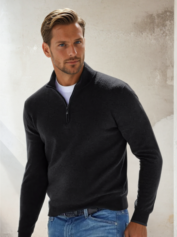 Men's quarter-zip knit jumper with stand collar and long sleeves