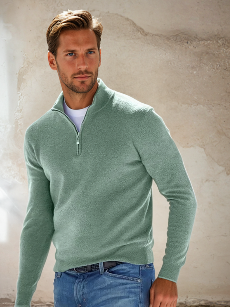 Men's quarter-zip knit jumper with stand collar and long sleeves
