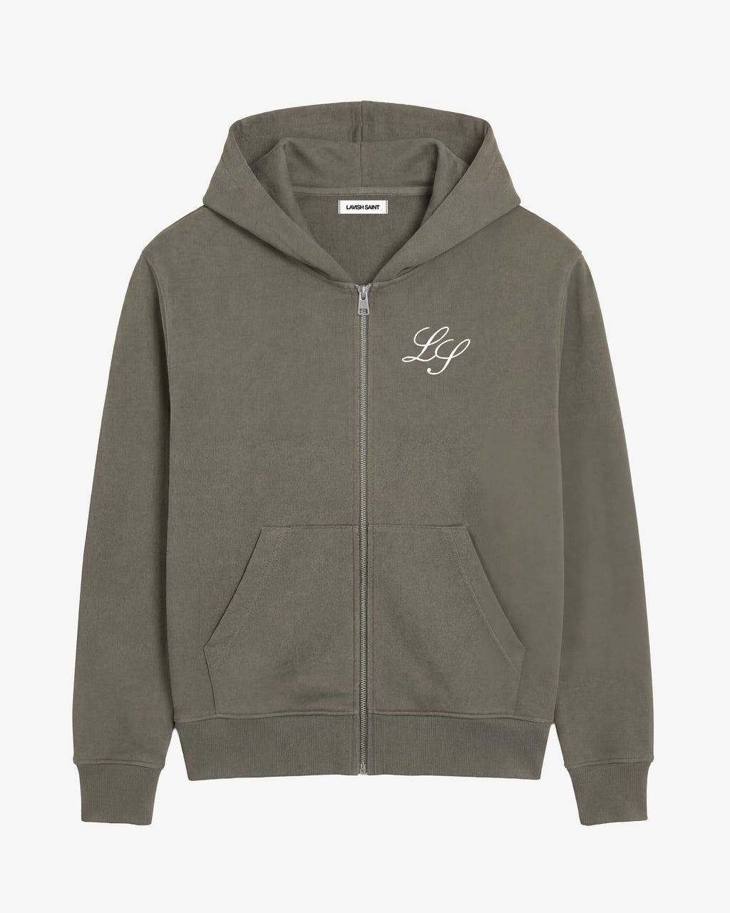 Men's grey hooded zip hoodie with front pockets and chest monogram