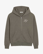 Men's grey hooded zip hoodie with front pockets and chest monogram