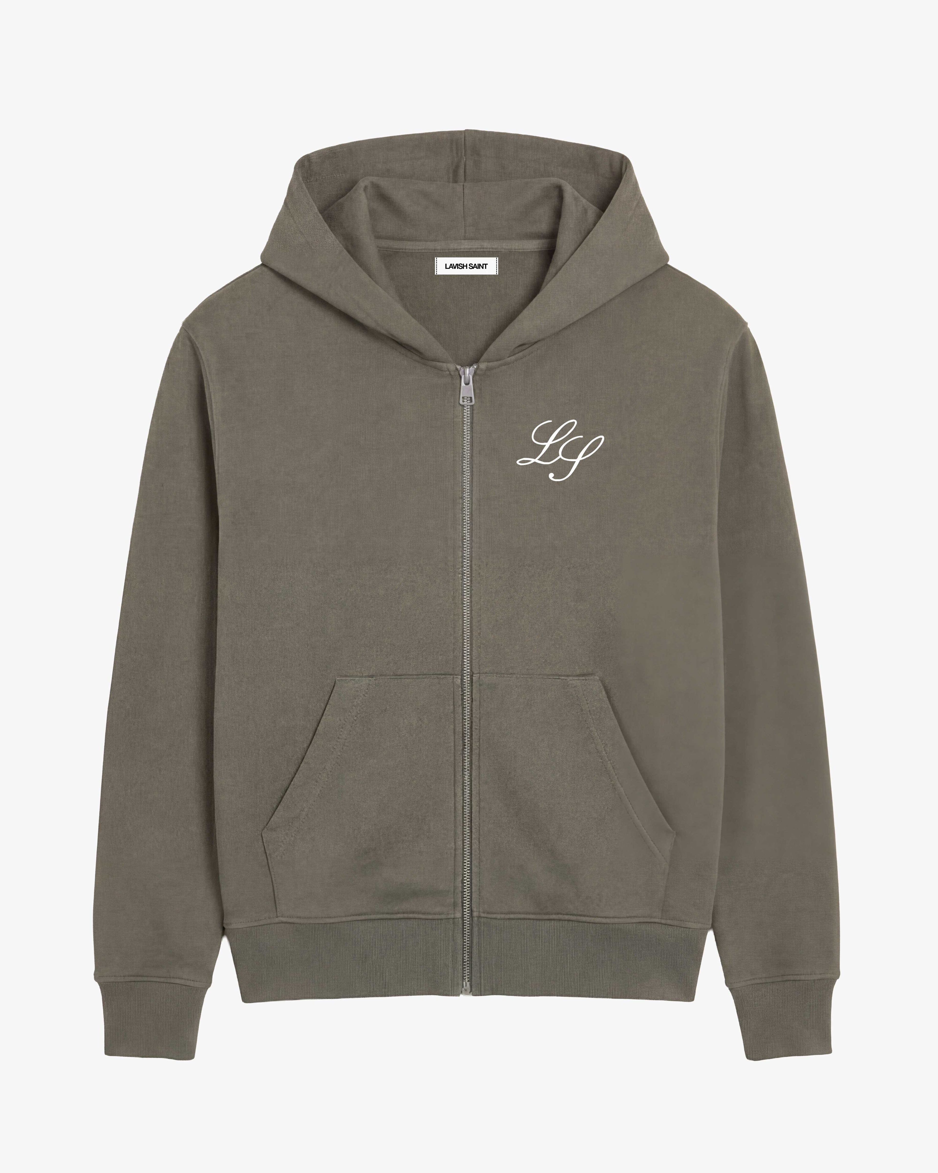 Men's grey hooded zip hoodie with front pockets and chest monogram