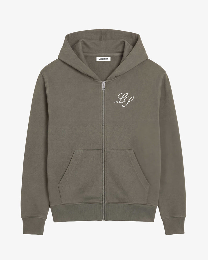 Men's grey hooded zip hoodie with front pockets and chest monogram