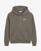 Men's grey hooded zip hoodie with front pockets and chest monogram