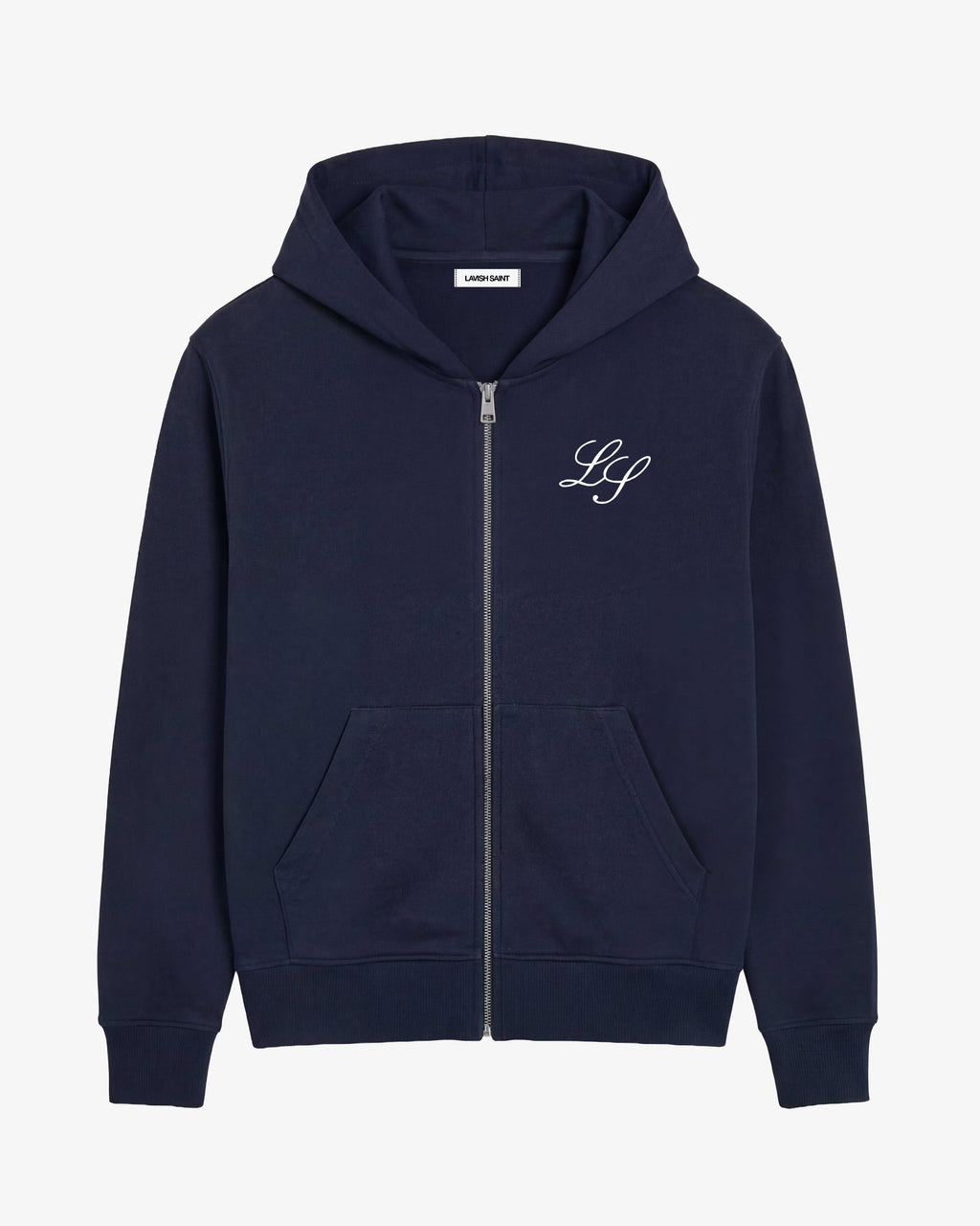 Men's navy full-zip hoodie with front pockets