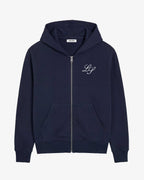 Men's navy full-zip hoodie with front pockets