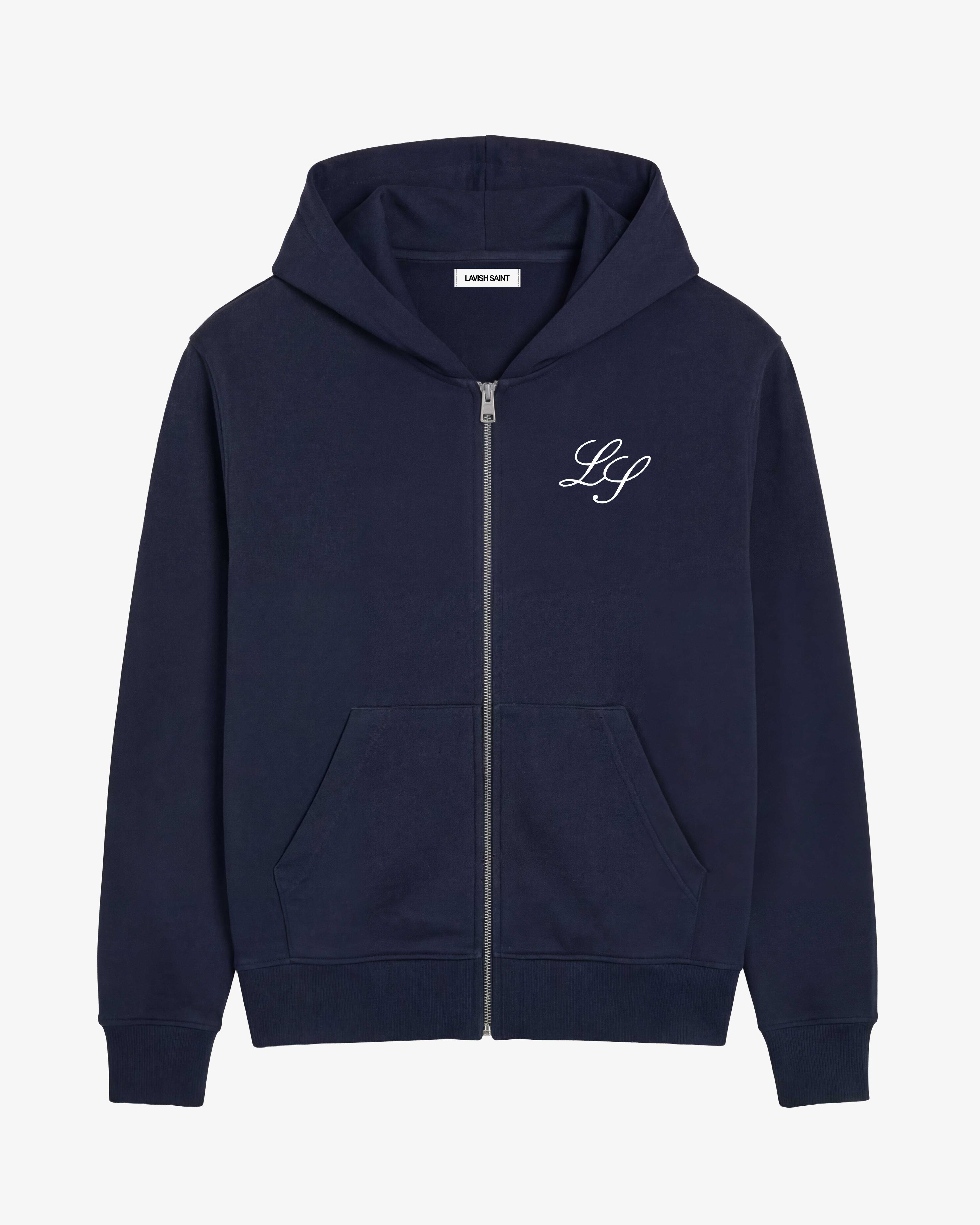Men's navy full-zip hoodie with front pockets