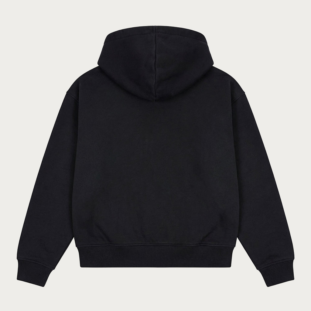 Black unisex zip hoodie with hood, long sleeves, front pockets and logo details
