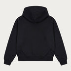 Black unisex zip hoodie with hood, long sleeves, front pockets and logo details