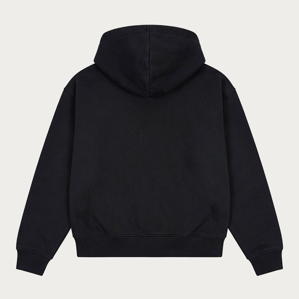 Black unisex zip hoodie with hood, long sleeves, front pockets and logo details