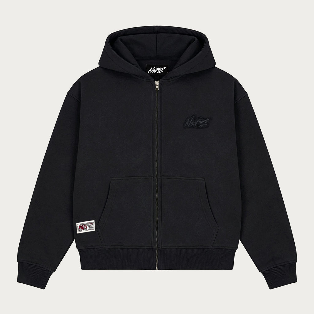 Black unisex zip hoodie with hood, long sleeves, front pockets and logo details