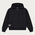 Black unisex zip hoodie with hood, long sleeves, front pockets and logo details