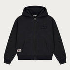 Black unisex zip hoodie with hood, long sleeves, front pockets and logo details