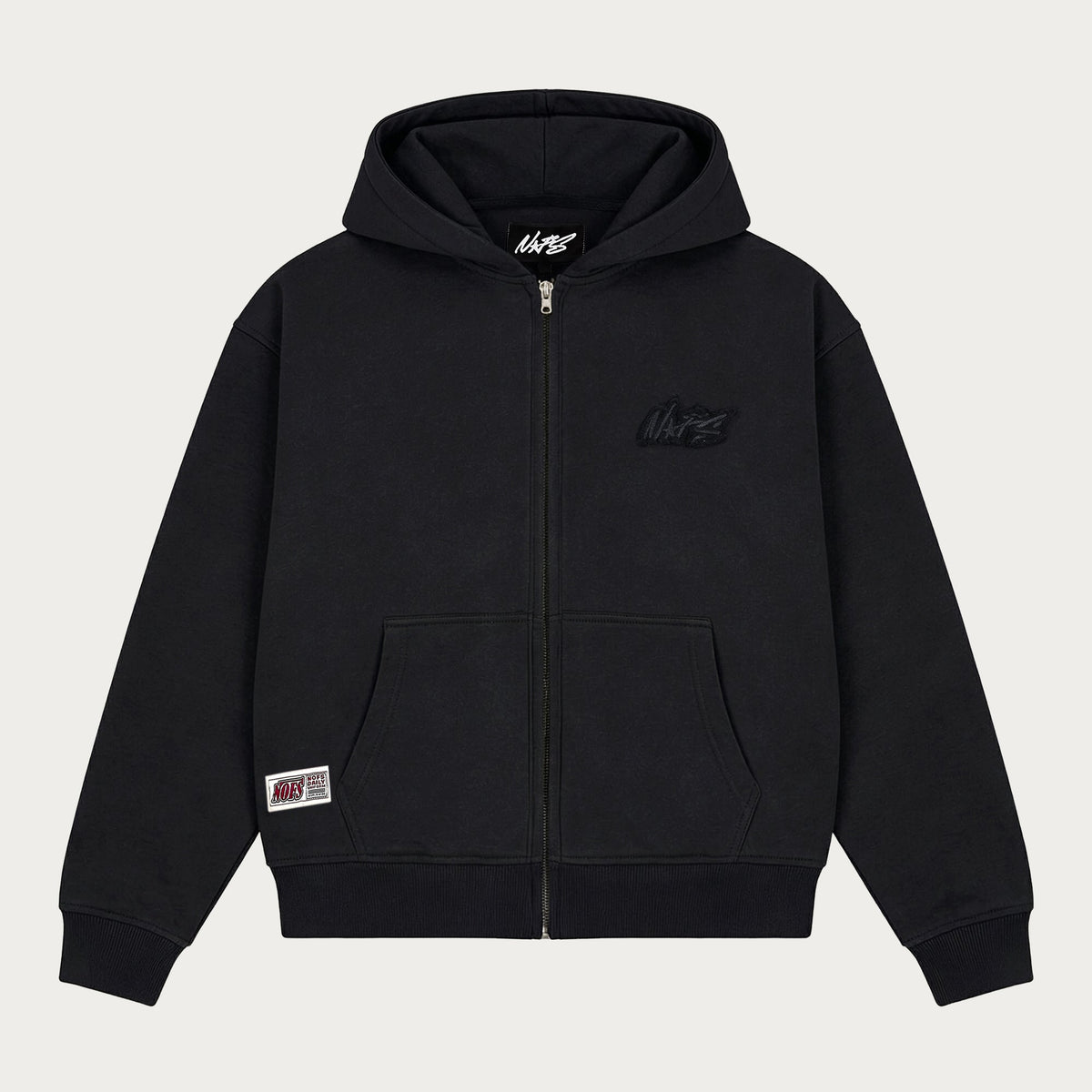 Black unisex zip hoodie with hood, long sleeves, front pockets and logo details