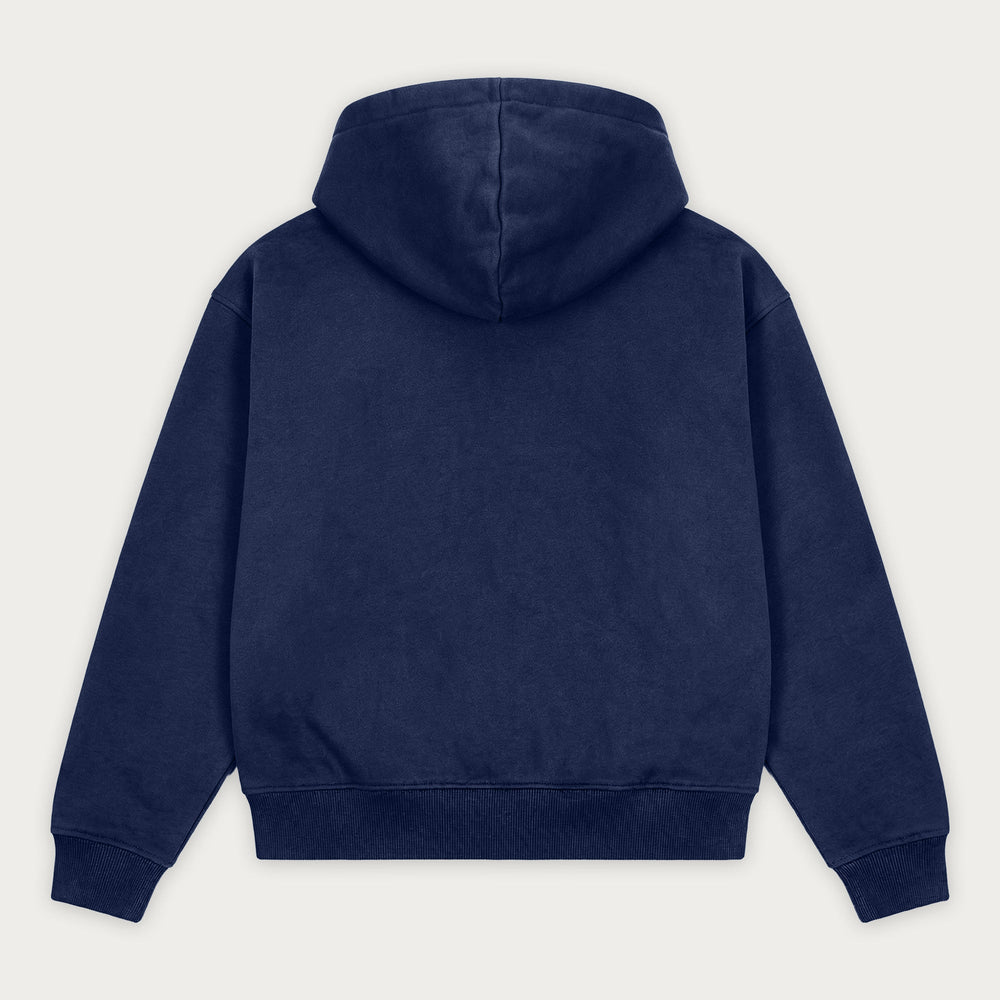 Navy zip-up hoodie with hood, long sleeves and front pouch pockets