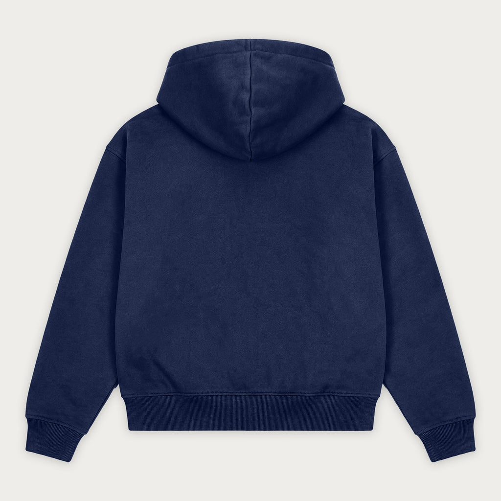 Navy zip-up hoodie with hood, long sleeves and front pouch pockets