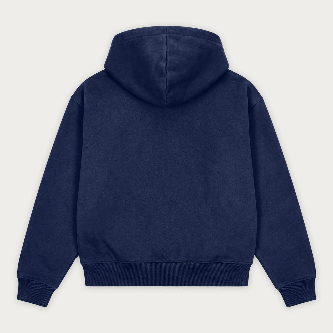 Navy zip-up hoodie with hood, long sleeves and front pouch pockets