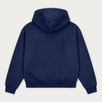 Navy zip-up hoodie with hood, long sleeves and front pouch pockets