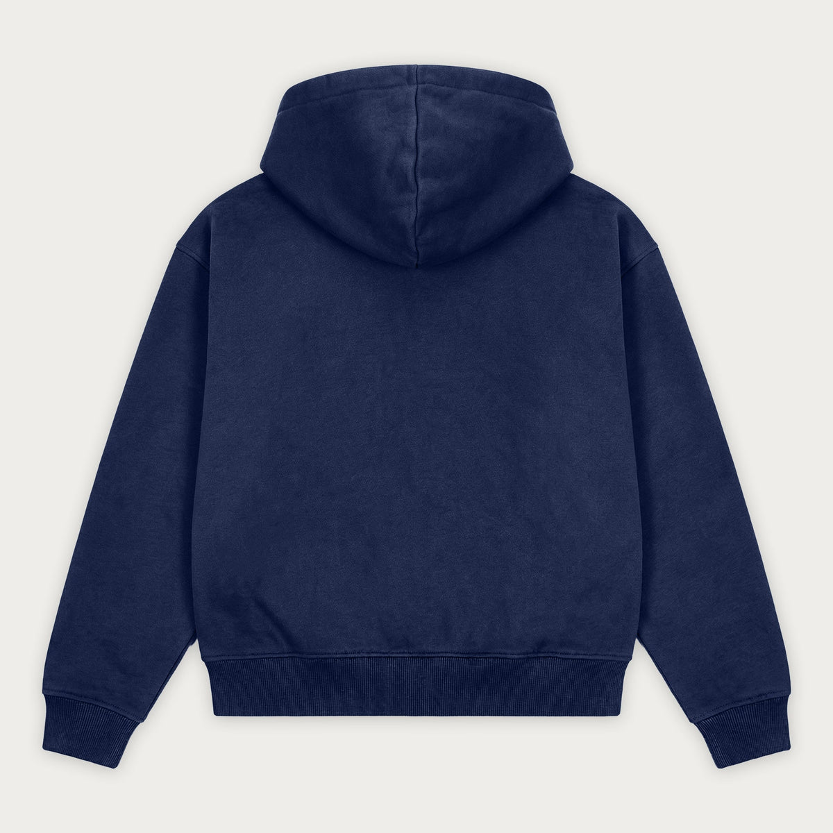 Navy zip-up hoodie with hood, long sleeves and front pouch pockets
