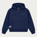 Navy zip-up hoodie with hood, long sleeves and front pouch pockets