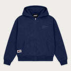 Navy zip-up hoodie with hood, long sleeves and front pouch pockets