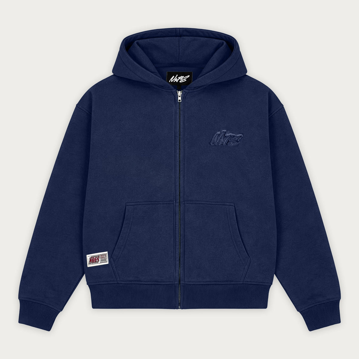 Navy zip-up hoodie with hood, long sleeves and front pouch pockets