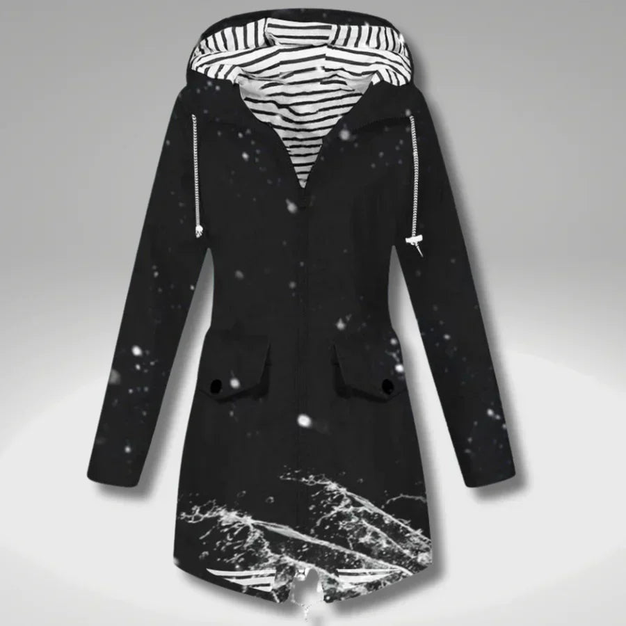 Women's hooded trench coat with long sleeves, zip front and flap pockets